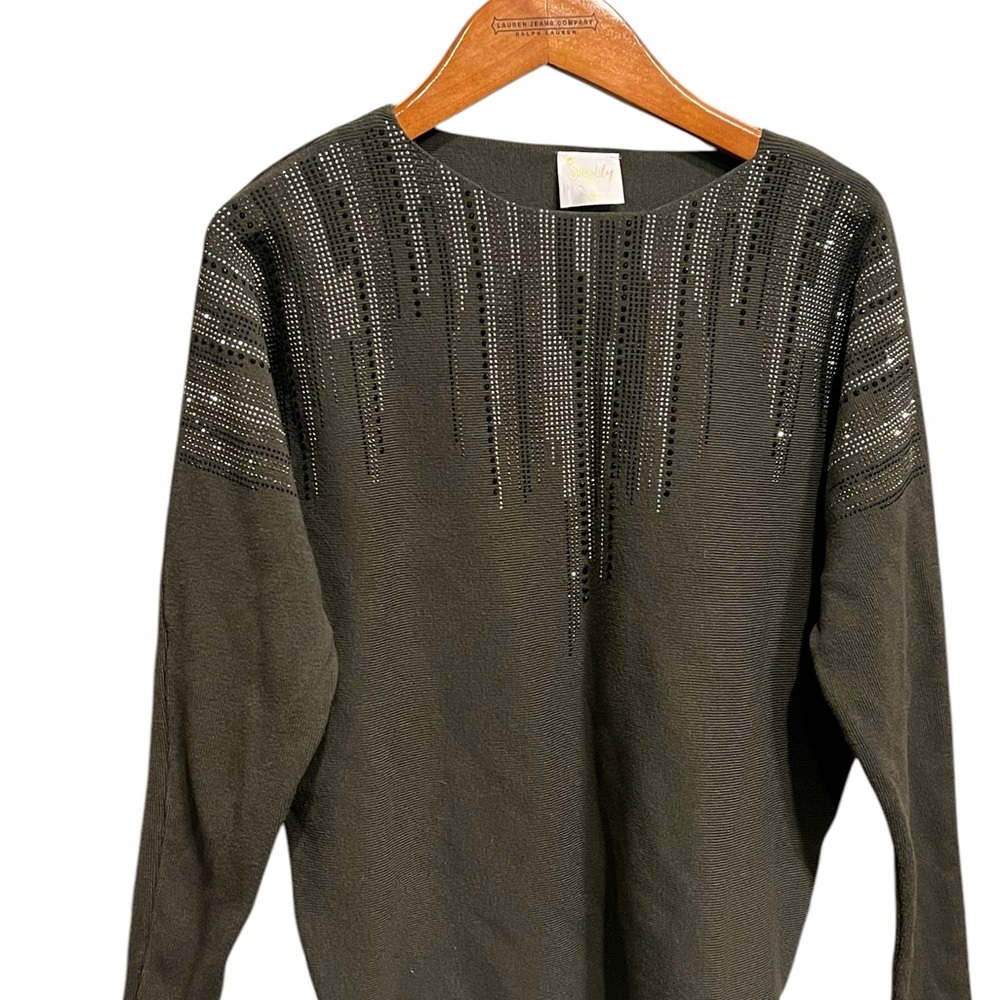 Green Embellished Sweater with Shimmer Rhinestones